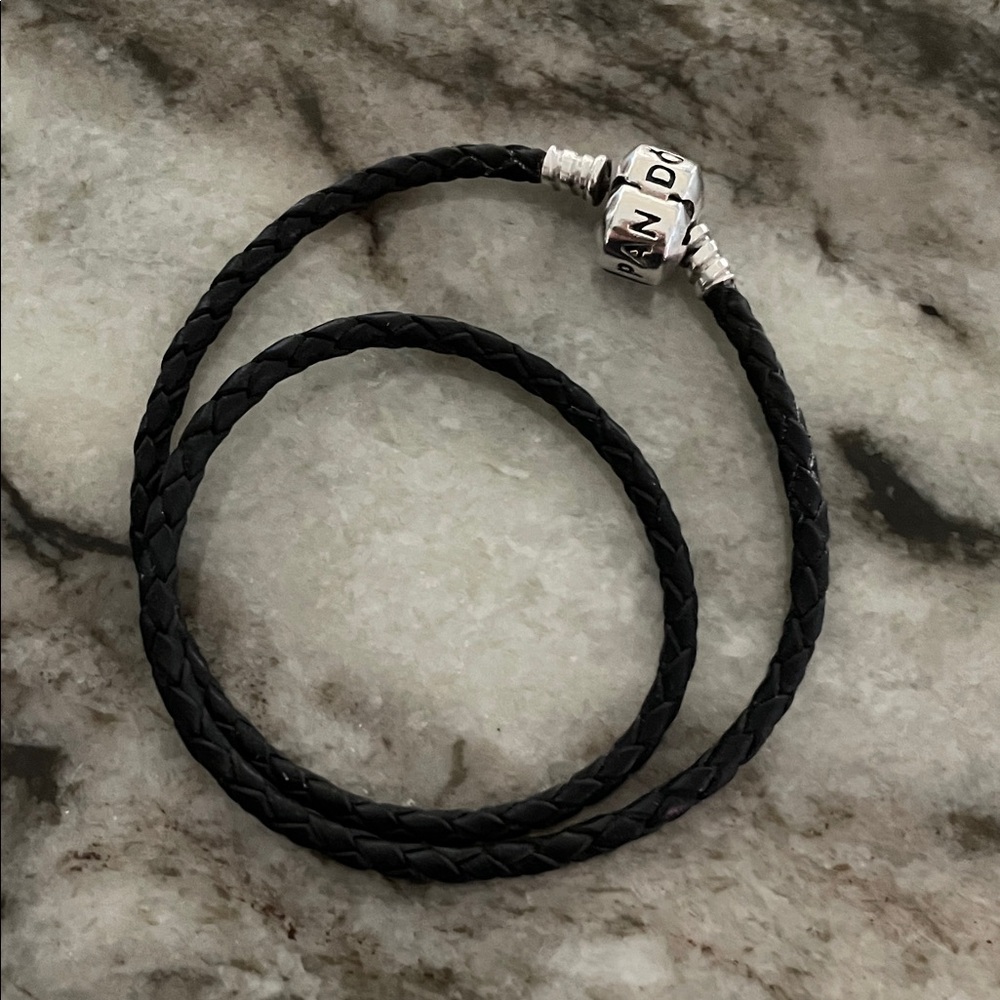 Pandora Black Braided Leather Double Wrap Bracelet with Silver Clasp